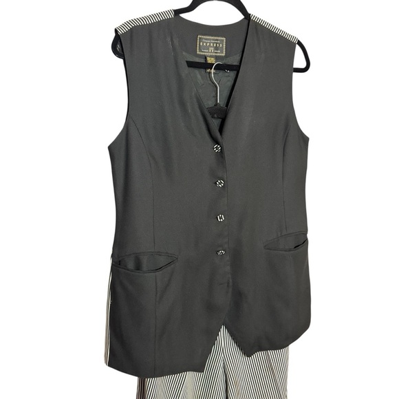 Vintage Express Black and White Striped Women's Pantsuit with Button-Up Vest - Picture 2 of 15